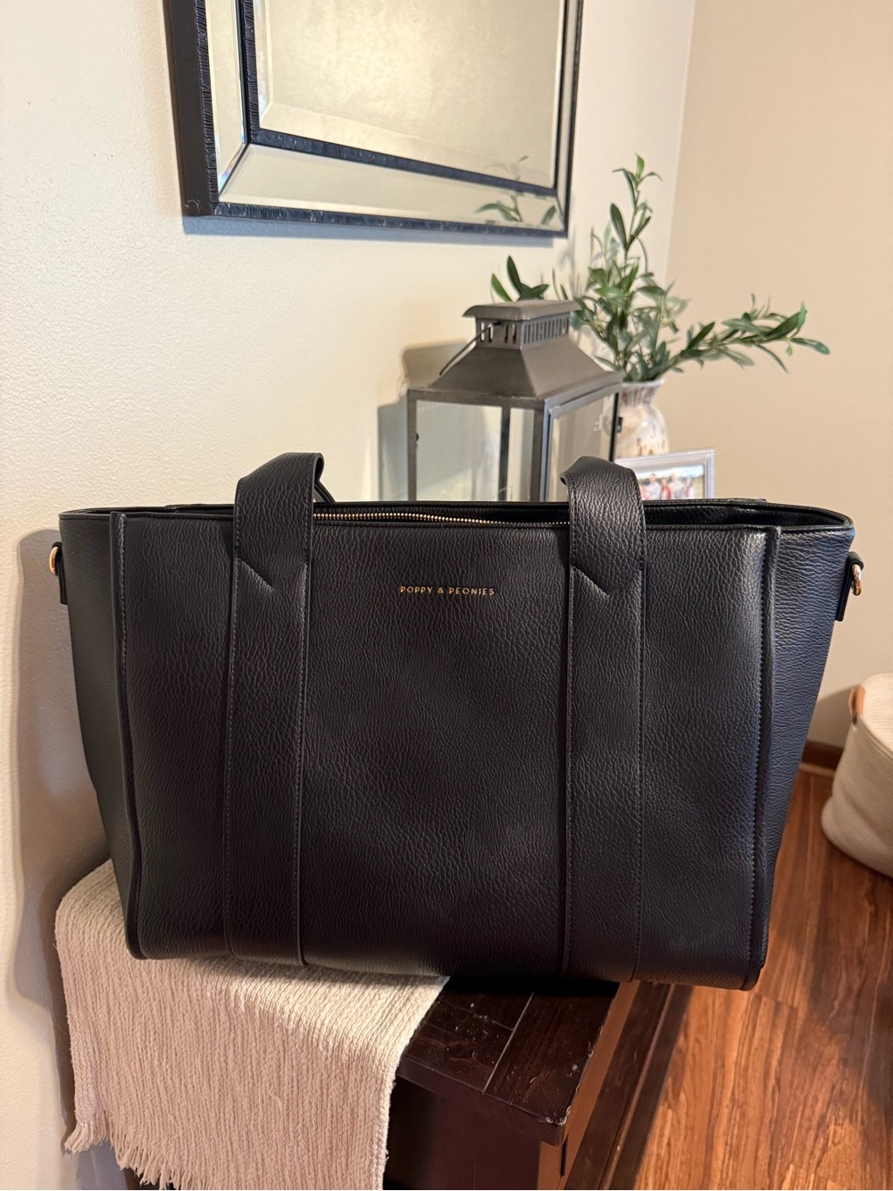 Poppy & Peonies Black Leather Laptop Tote